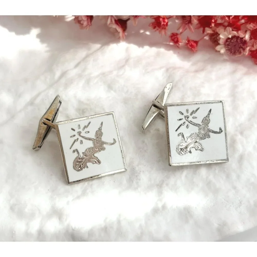 Siam Sterling White Guilloche Square Nielloware Vintage Thai Made 925 Cufflinks